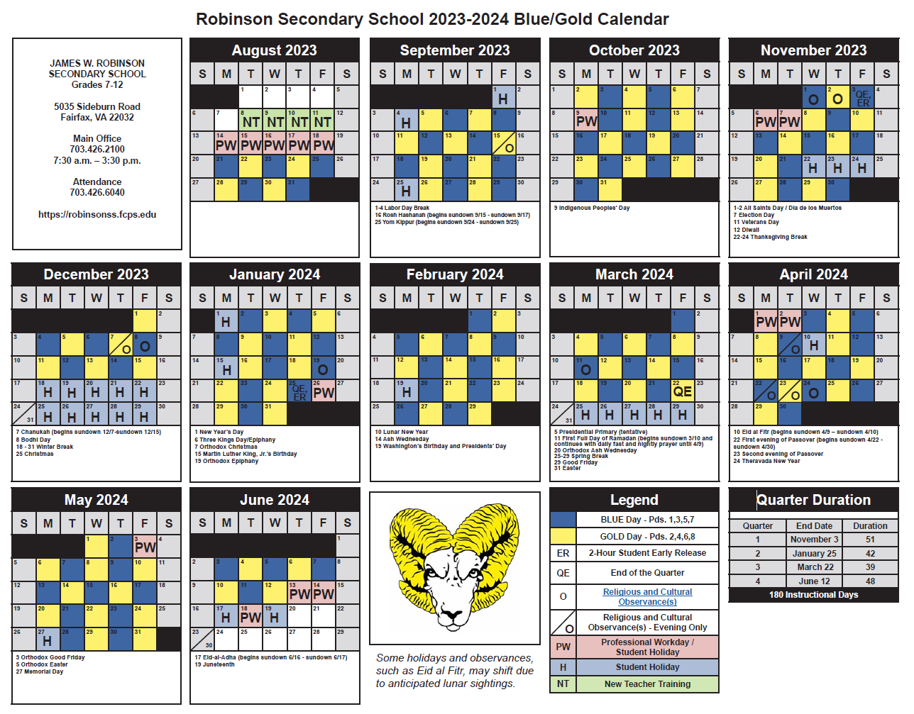 Calendar and Bell Schedules | James W. Robinson Secondary School